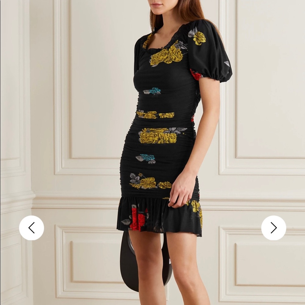 GANNI ruffle ruched floral-print mesh mini dress black